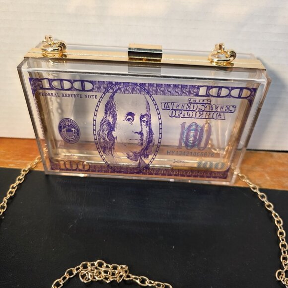 Novelty 100 Bill Purse Gold Chain Clear - Picture 8 of 9